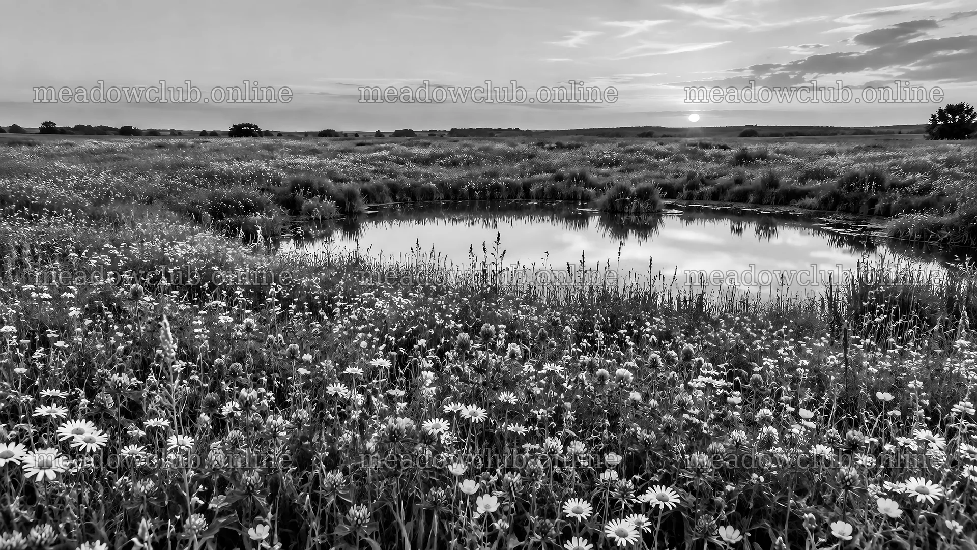 Monochrome Wildflower Meadow beside a Pond – meadow photos 10324x5812