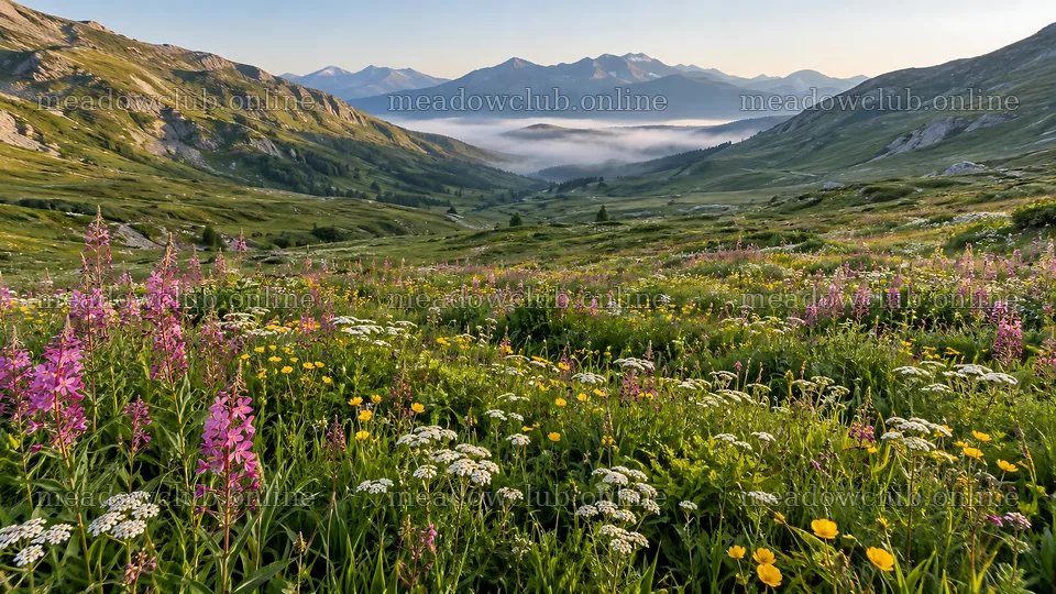 Alpine Wildflower Meadow Beneath Mountain Peaks – meadow photos 10324x5812