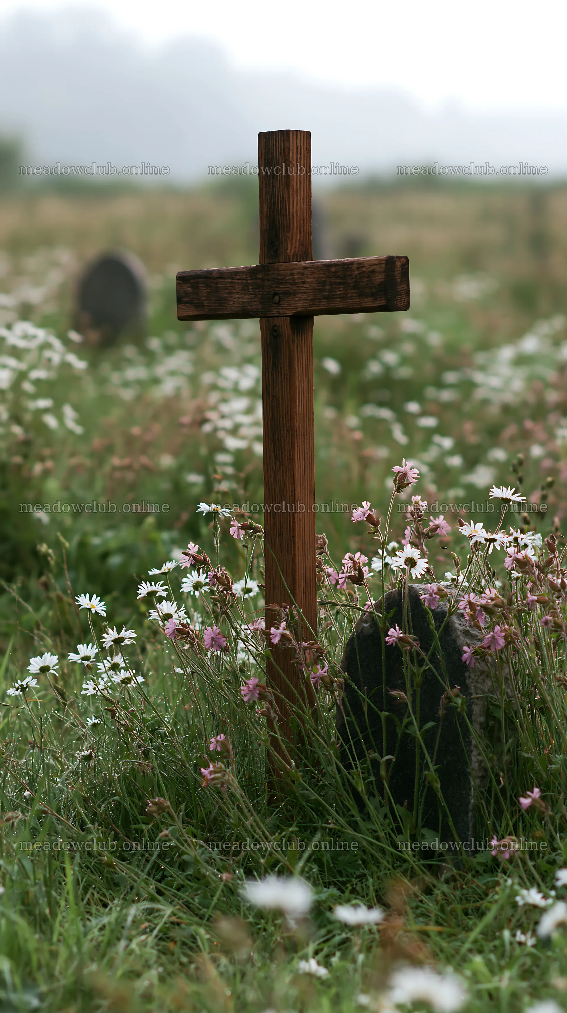 Wooden Christian cross in a meadow with flowers – meadow photos 5938x10608