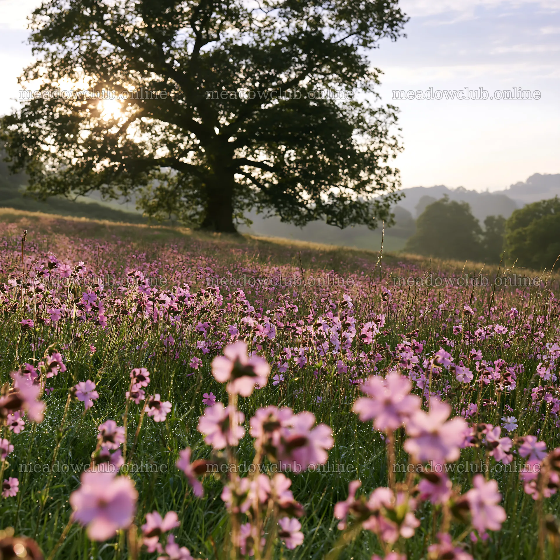 Pink campion meadow with a tree during sunrise – meadow photos 7938x7938
