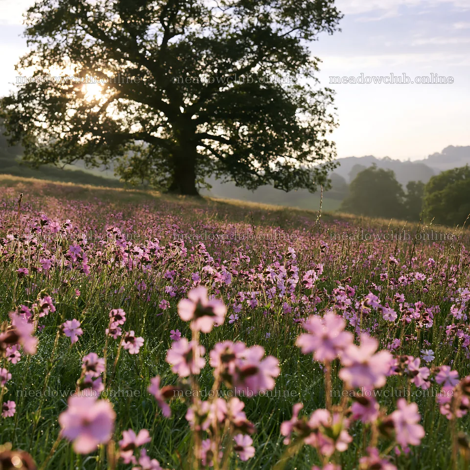 Pink campion meadow with a tree during sunrise – meadow photos 7938x7938