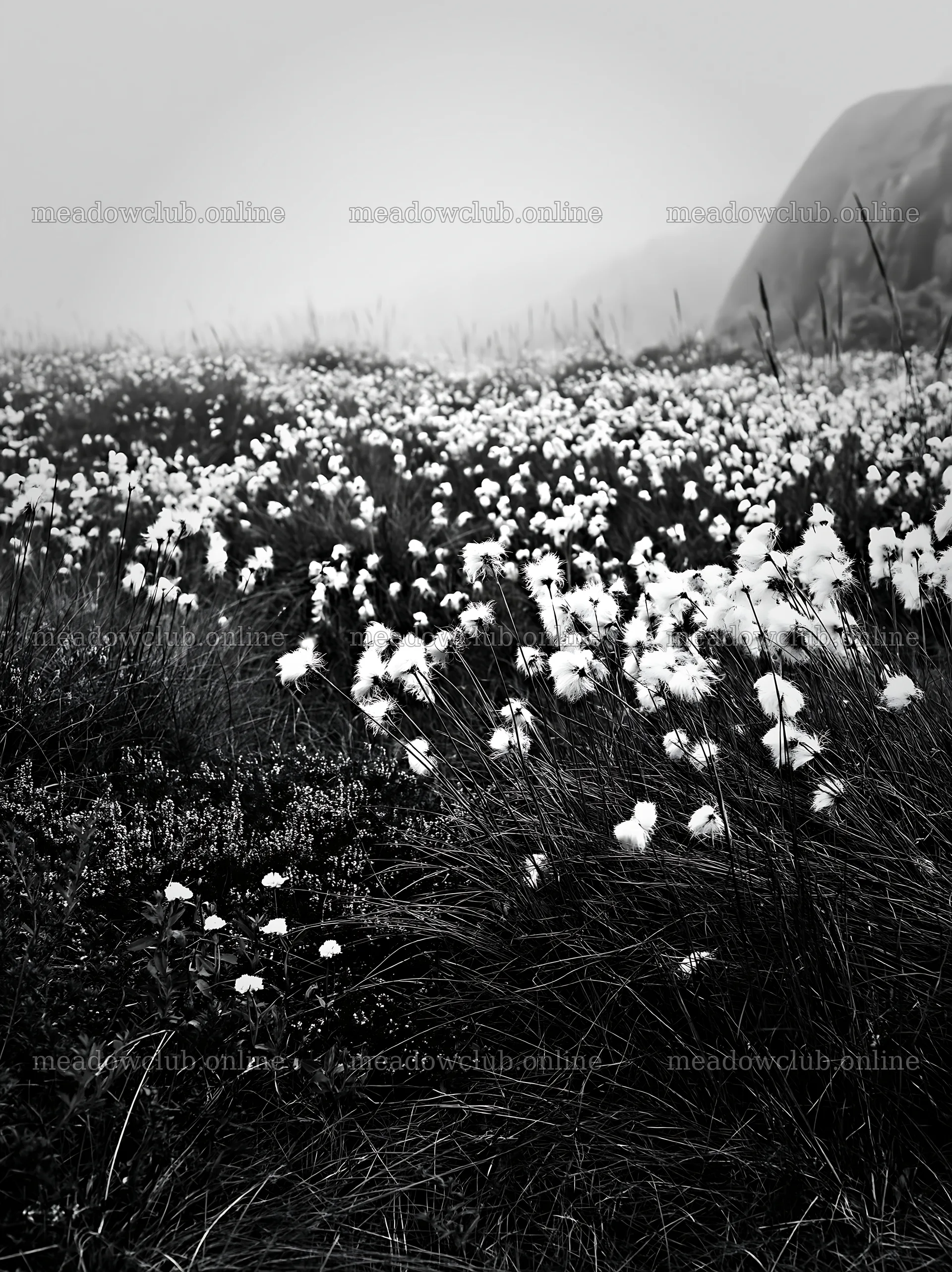 Cottongrass meadow glow in black and white landscape – meadow photos 6866x9174