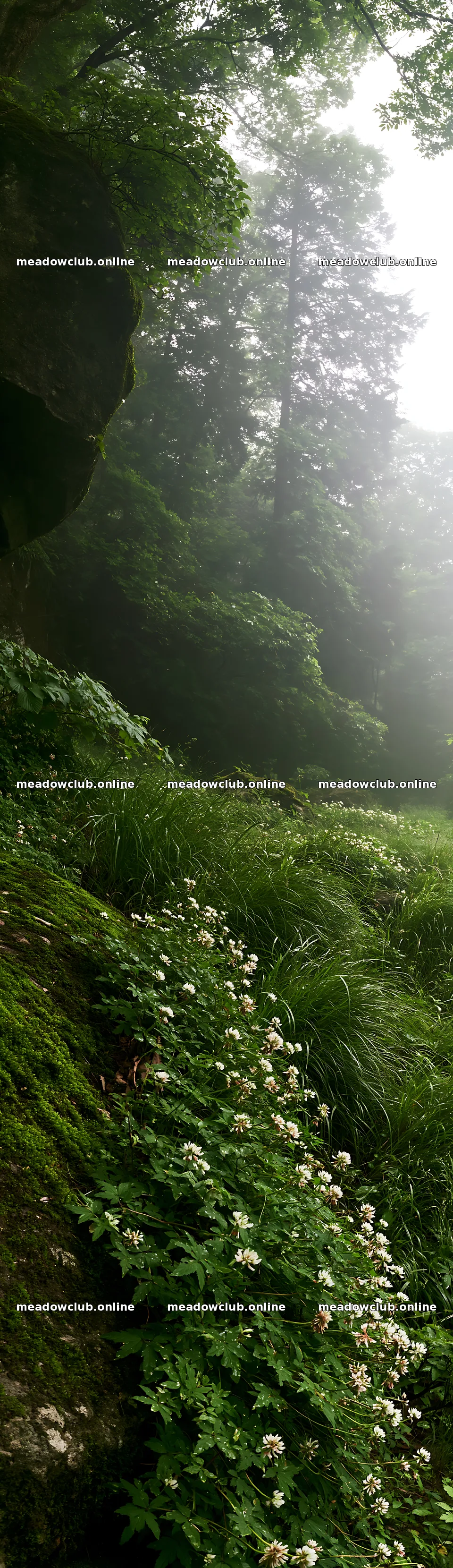 Shimane misty meadow moss covered stone in green surroundings – meadow photos 4268x14762