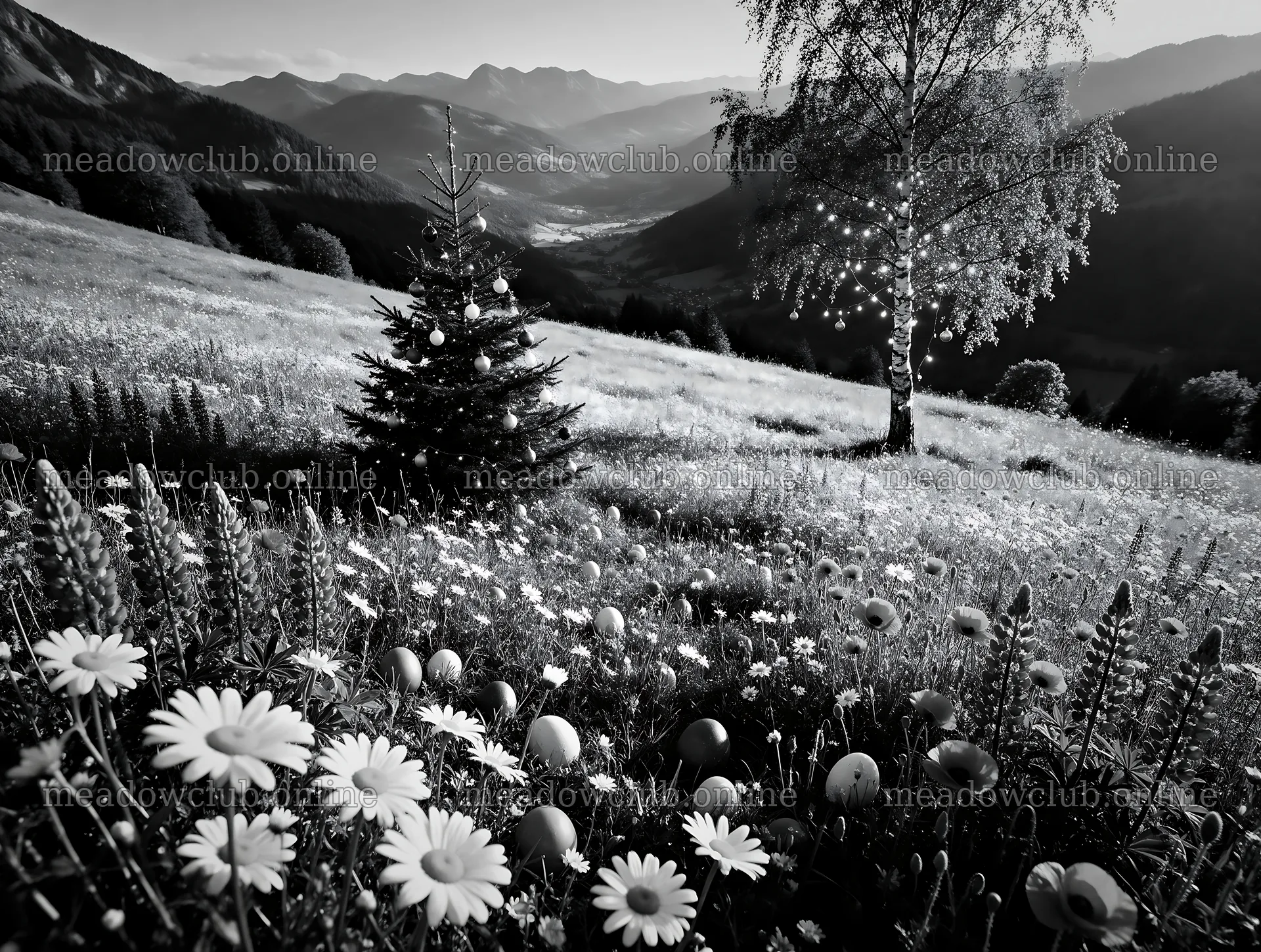 Christmas tree in mountain valley meadow with flowers – meadow photos 9134x6898