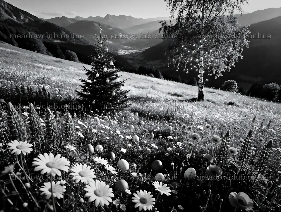 Christmas tree in mountain valley meadow with flowers – meadow photos 9134x6898