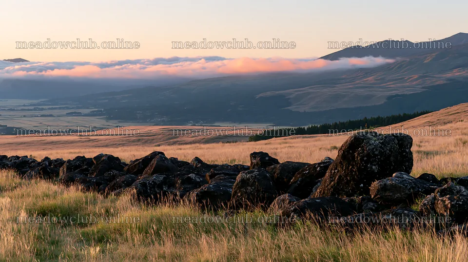 Restored Kumamoto silver grass meadow with boulders at sunset – meadow photos 10608x5938