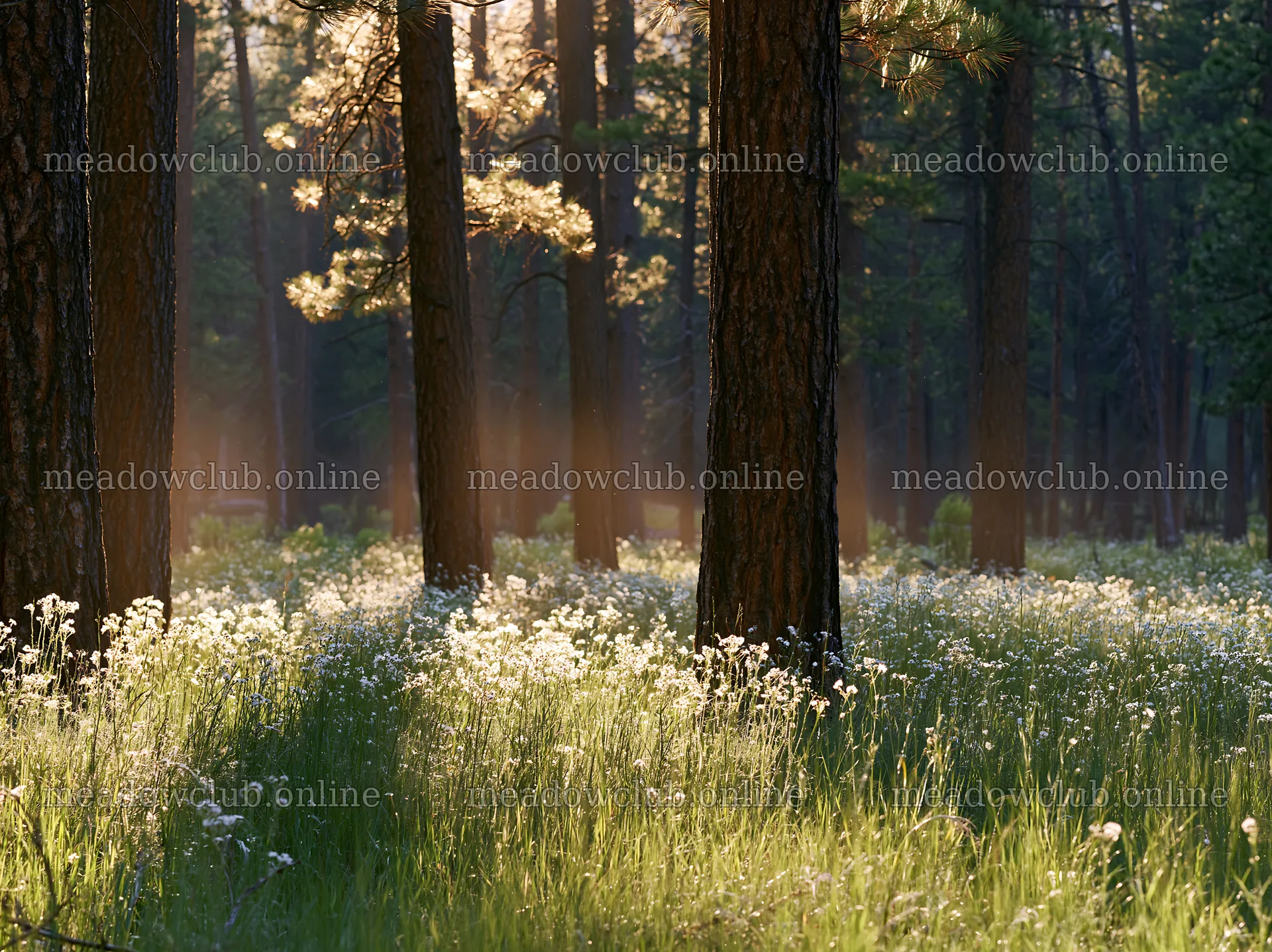 Pine forest meadow with sunlight filtering through trees – meadow photos 9174x6866