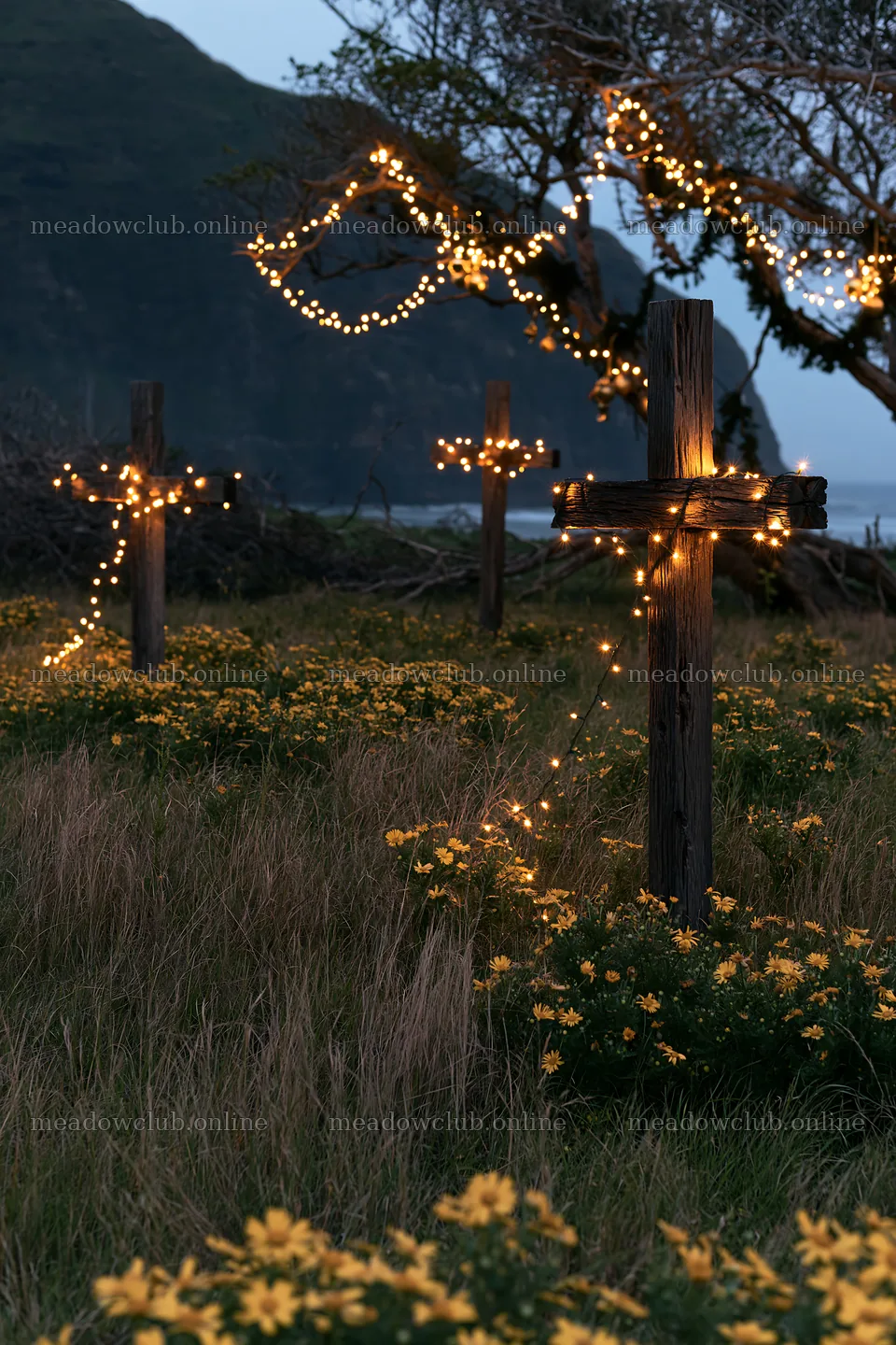 Christian crosses among yellow flowers in a meadow – meadow photos 6480x9722