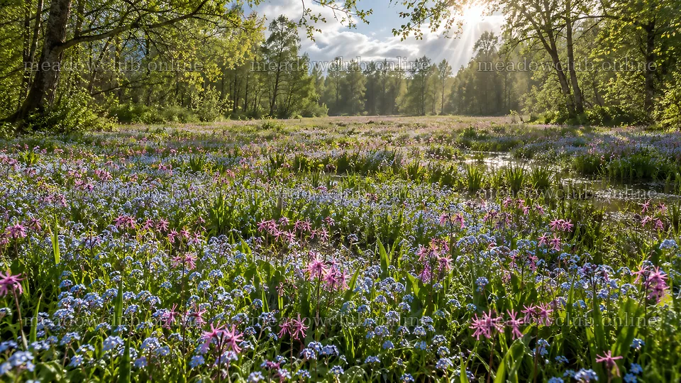 Sunbeams over a Wildflower Forest Clearing – meadow photos 10324x5812