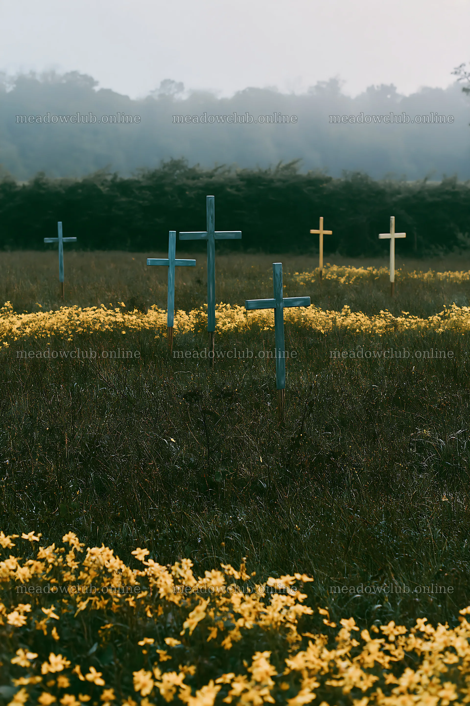 Christian crosses in yellow flowers in a meadow – meadow photos 6480x9722