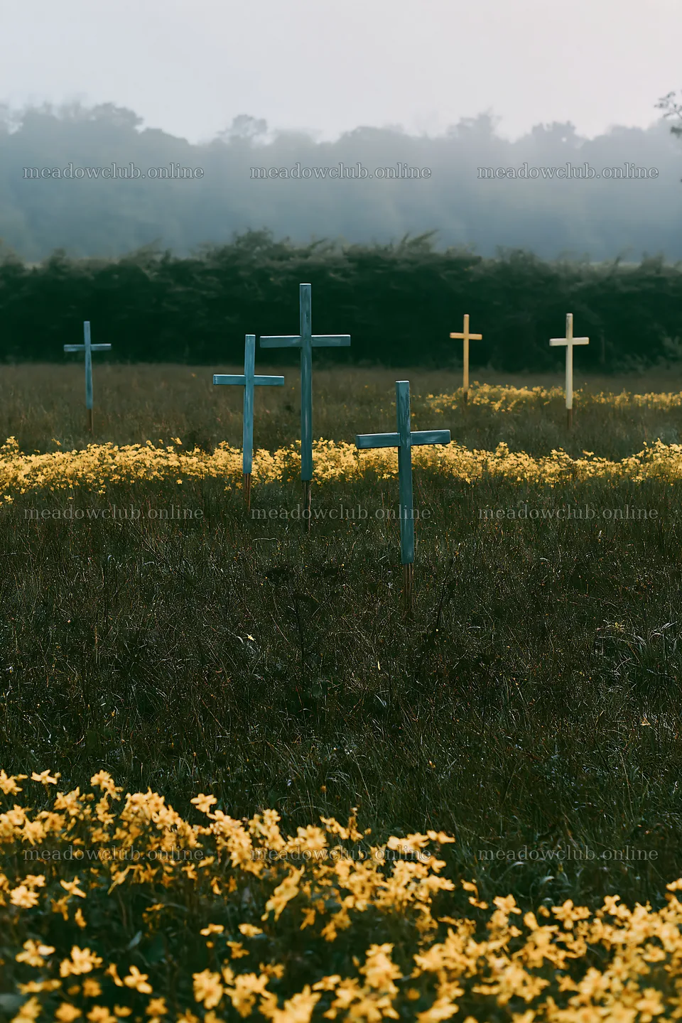 Christian crosses in yellow flowers in a meadow – meadow photos 6480x9722