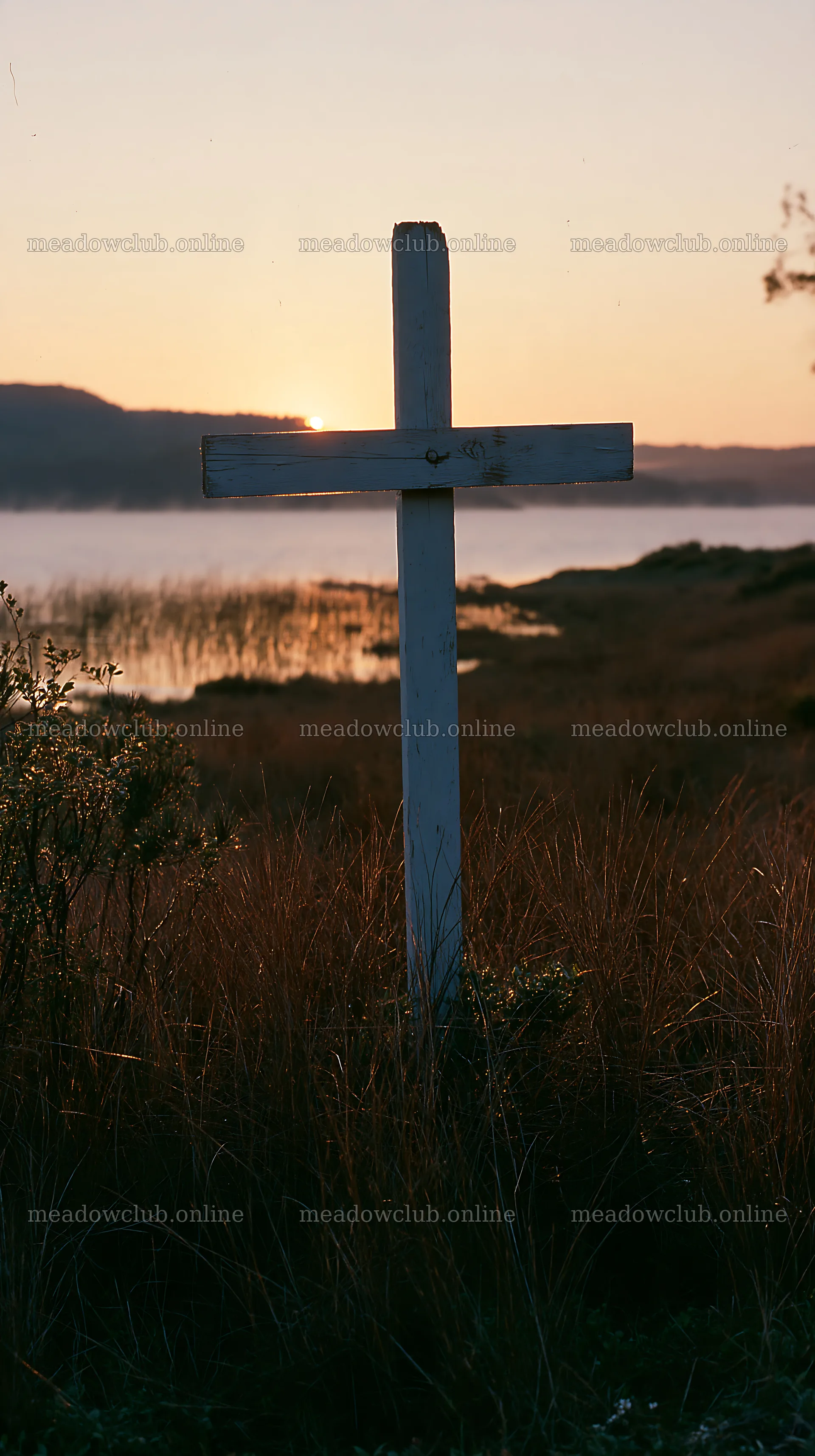 White Christian cross in remote meadow at sunset – meadow photos 5938x10608