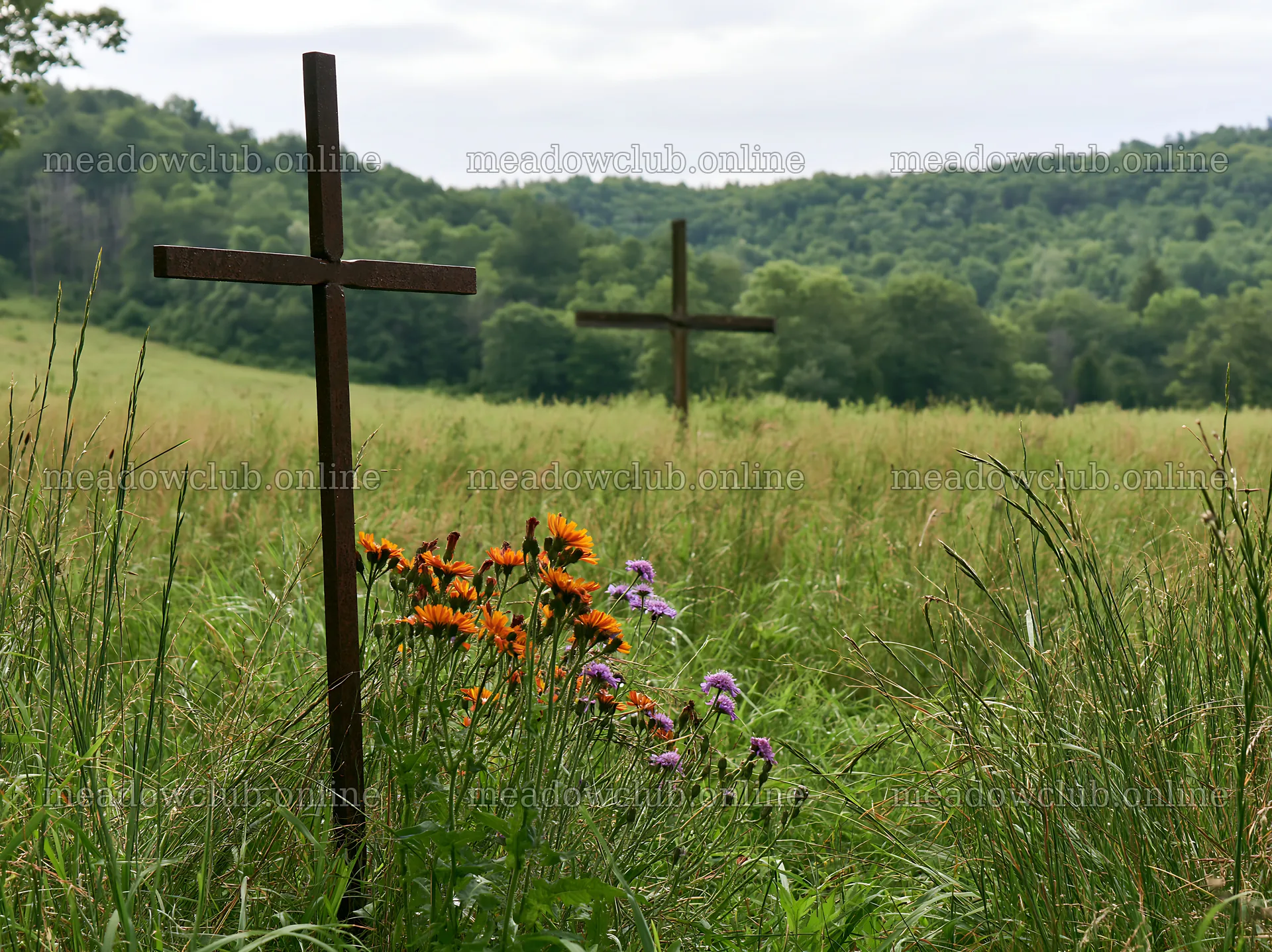 Simple Christian cross in a quiet meadow with flowers – meadow photos 9174x6866