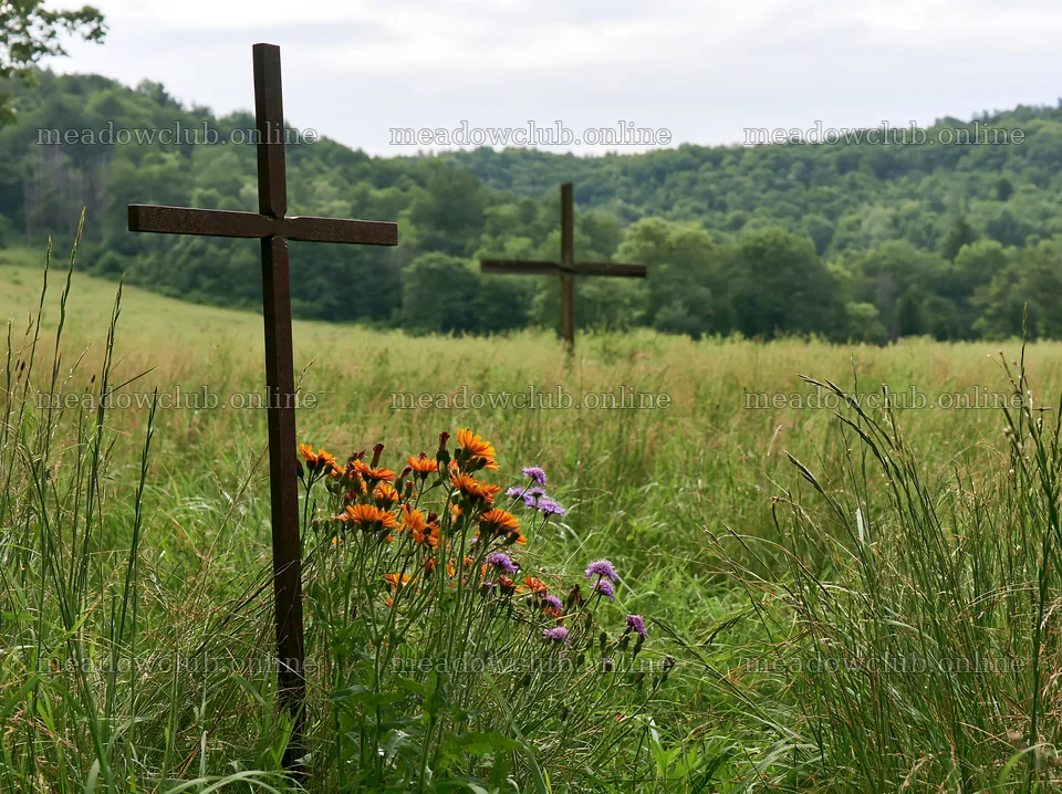 Simple Christian cross in a quiet meadow with flowers – meadow photos 9174x6866
