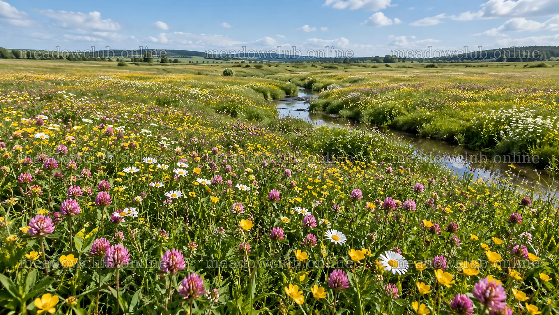 Sunlit Wildflowers Along a Meadow Stream – meadow photos 10324x5812