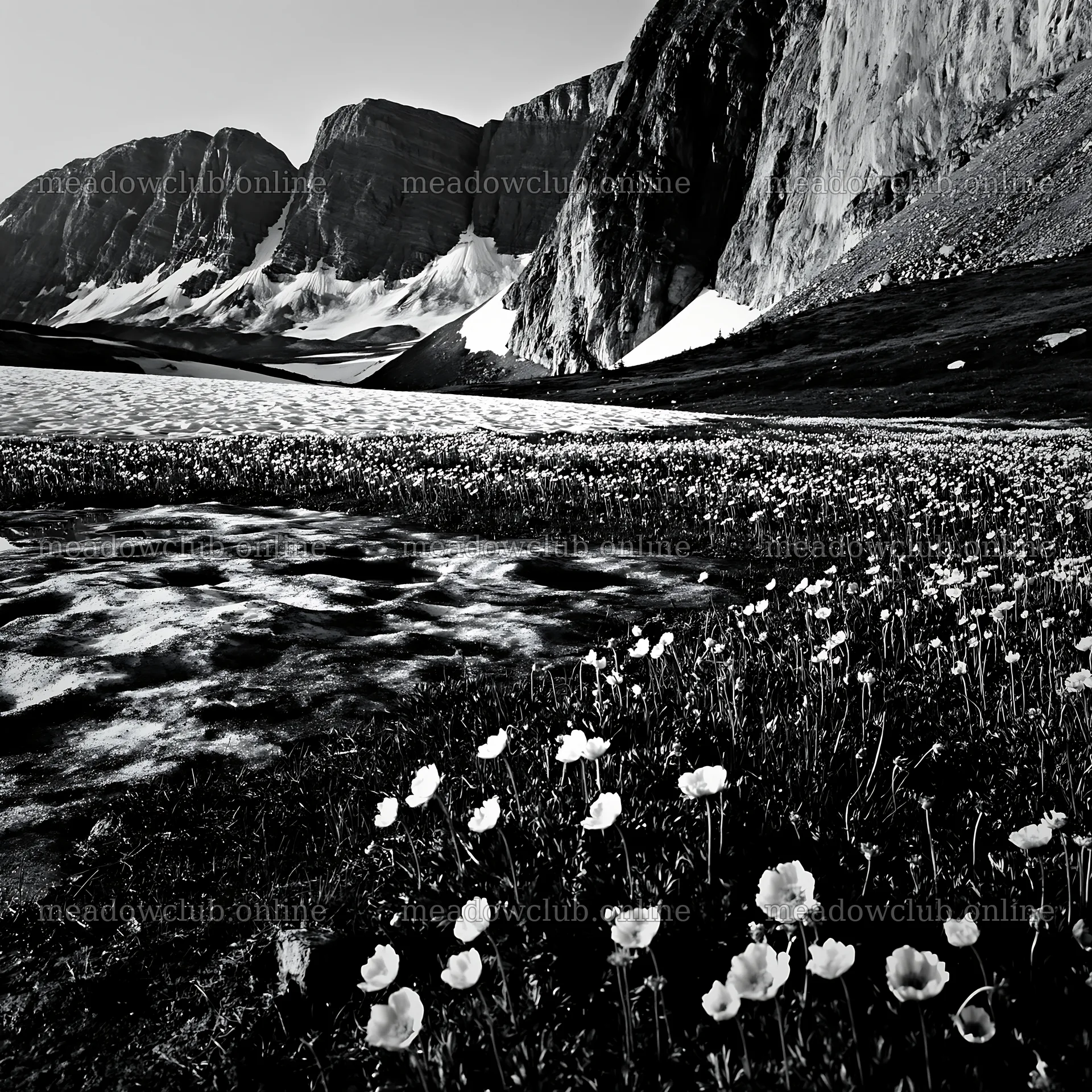 Frozen tarn meadow with mountain backdrop and blooming flowers – meadow photos 7938x7938