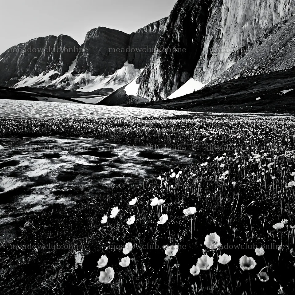 Frozen tarn meadow with mountain backdrop and blooming flowers – meadow photos 7938x7938
