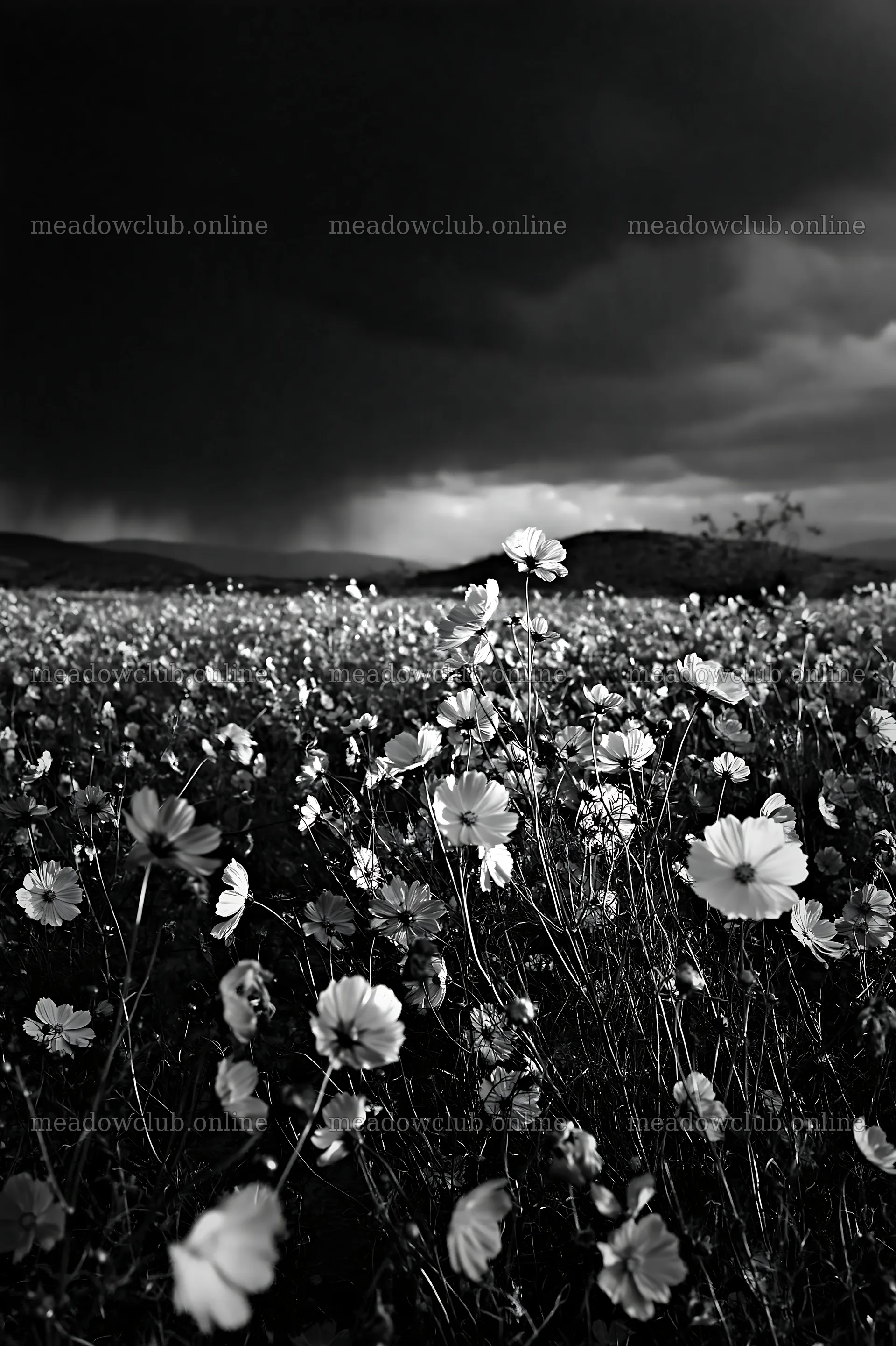 Colorful cosmos meadow under dark clouds – meadow photos 6480x9722