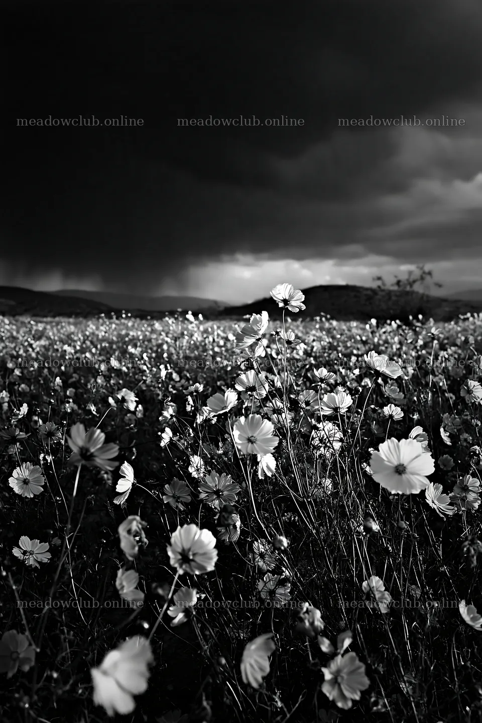 Colorful cosmos meadow under dark clouds – meadow photos 6480x9722