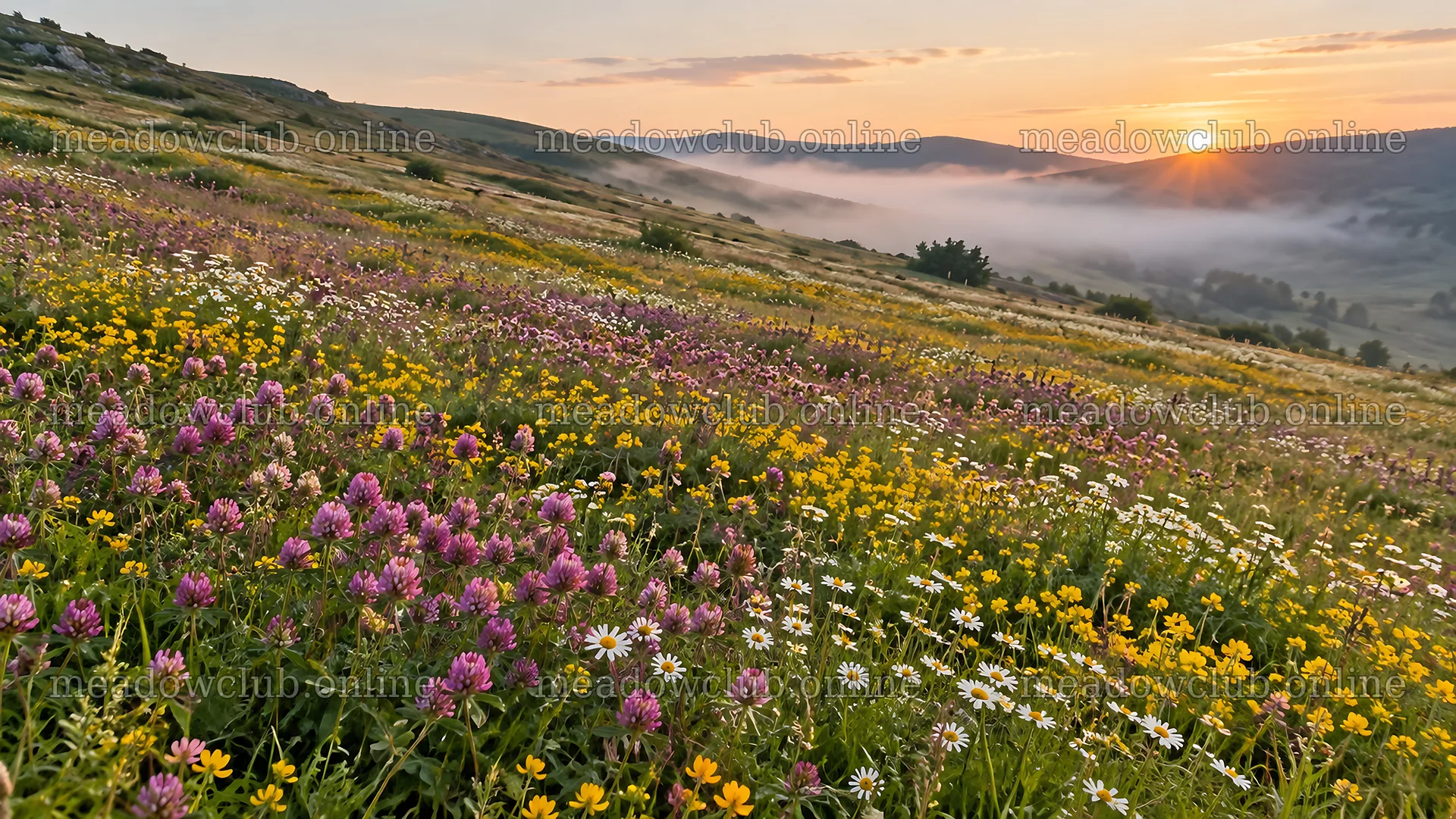 Wildflower Meadow Above a Misty Valley at Sunrise – meadow photos 10324x5812