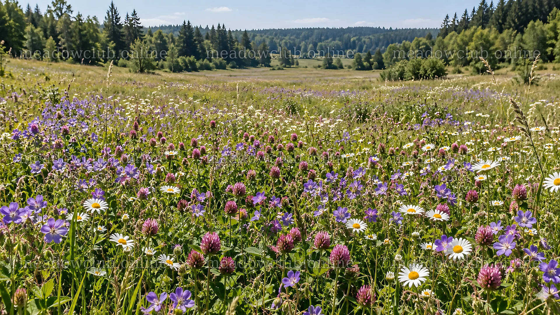 Wildflower Meadow Beside a Sunlit Evergreen Forest – meadow photos 10324x5812