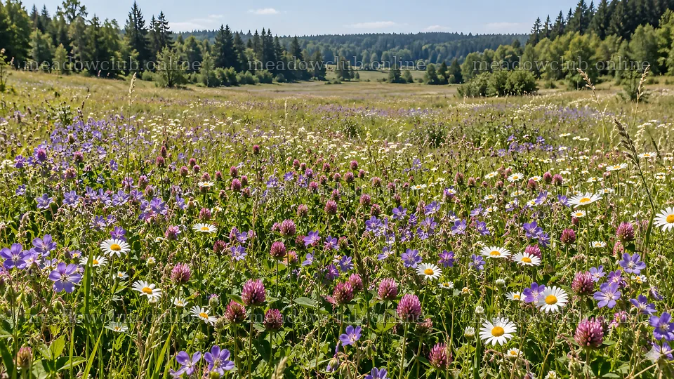 Wildflower Meadow Beside a Sunlit Evergreen Forest – meadow photos 10324x5812