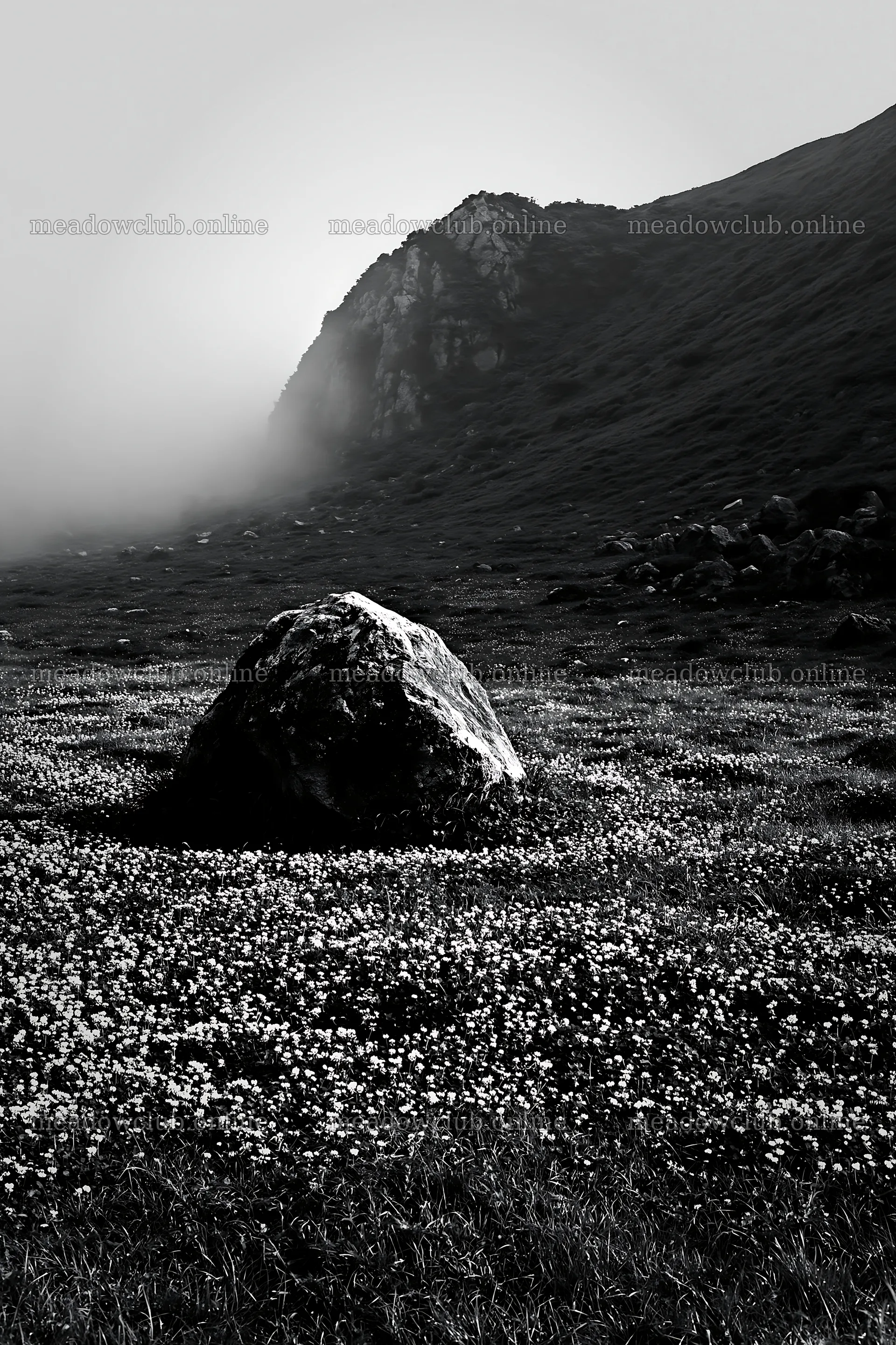 Yamaguchi limestone meadow with pale boulder under misty hills – meadow photos 6480x9722