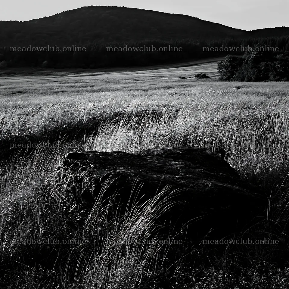 Aomori climate resilient meadow with boulder under soft light – meadow photos 7938x7938
