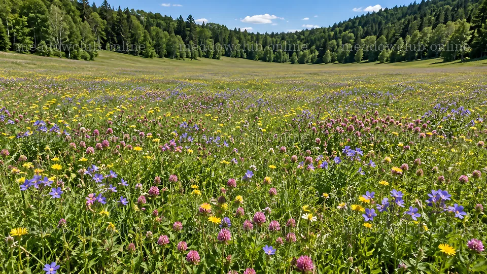 Wildflower Meadow in a Sunlit Forest Clearing – meadow photos 10324x5812