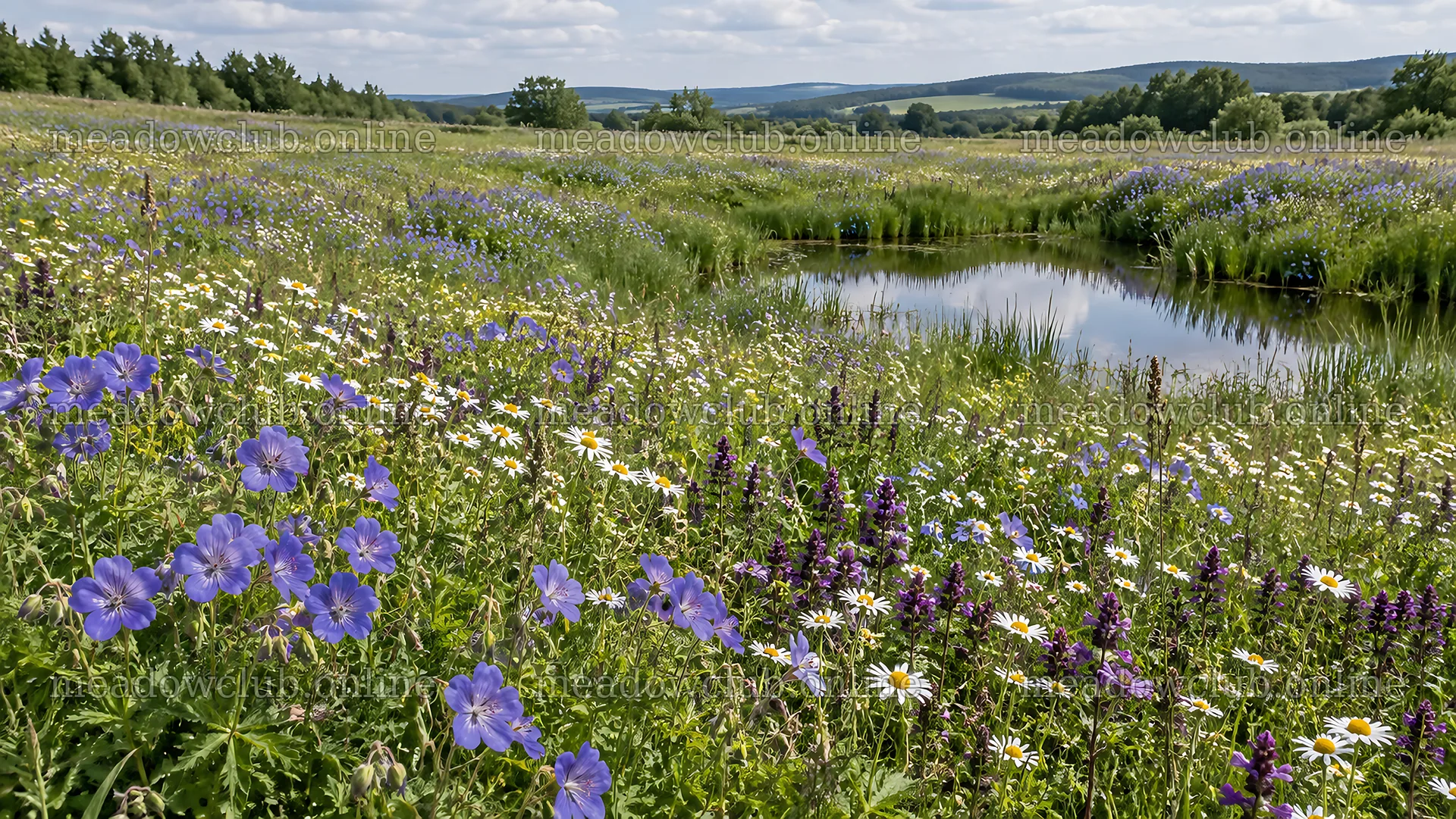 Colorful wildflowers beside a meadow pond – meadow photos 10324x5812
