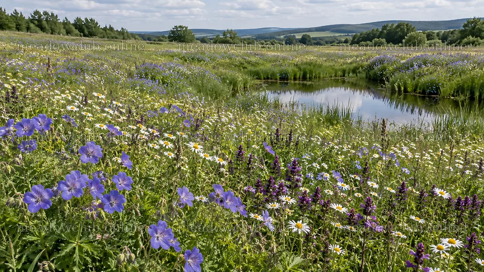 Colorful wildflowers beside a meadow pond – meadow photos 10324x5812