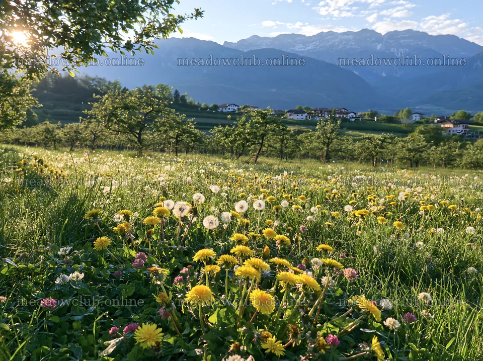 Spring orchard meadow with wildflowers and mountains – meadow photos 9174x6866