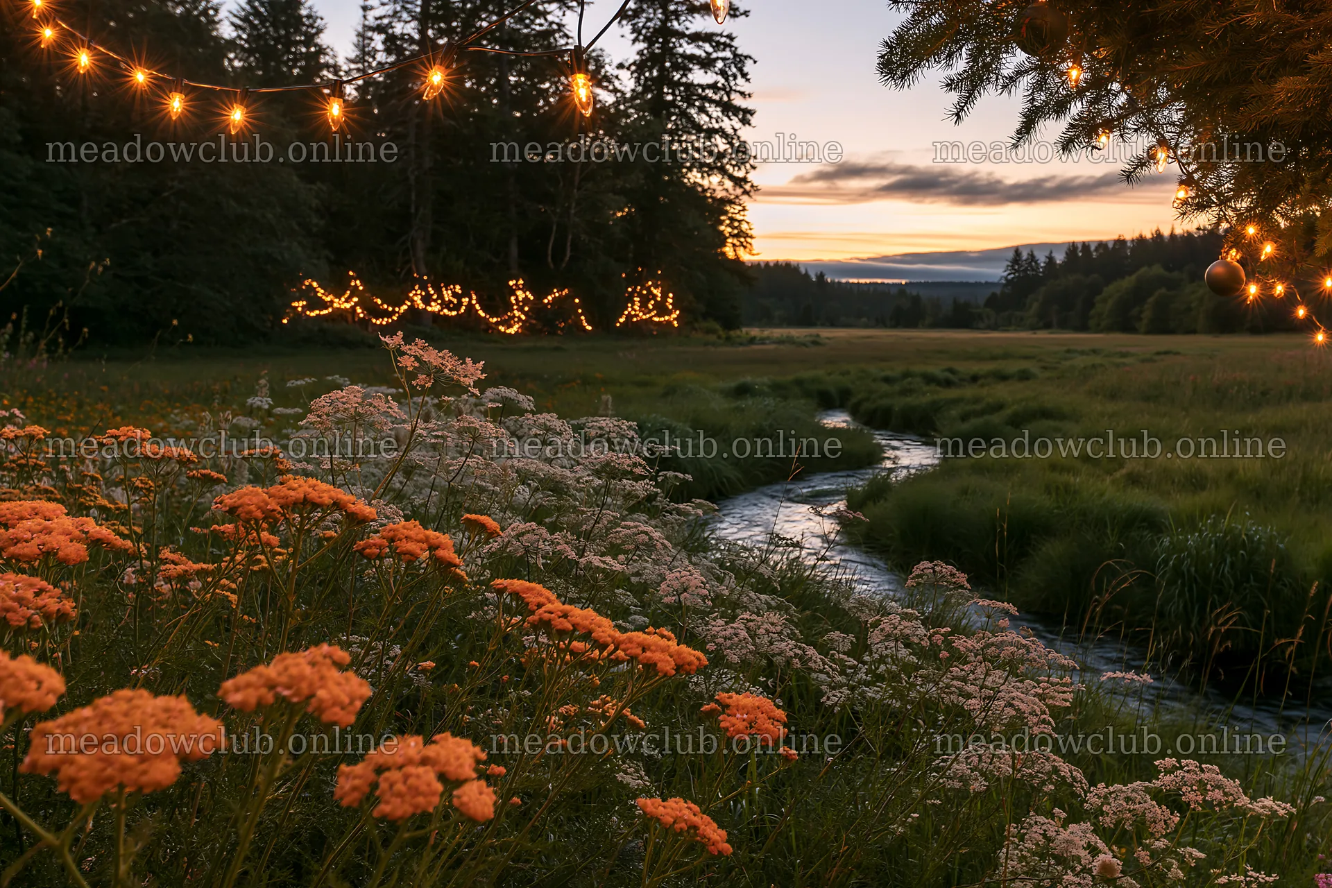 Christmas lights by stream at dusk in meadow – meadow photos 9722x6480