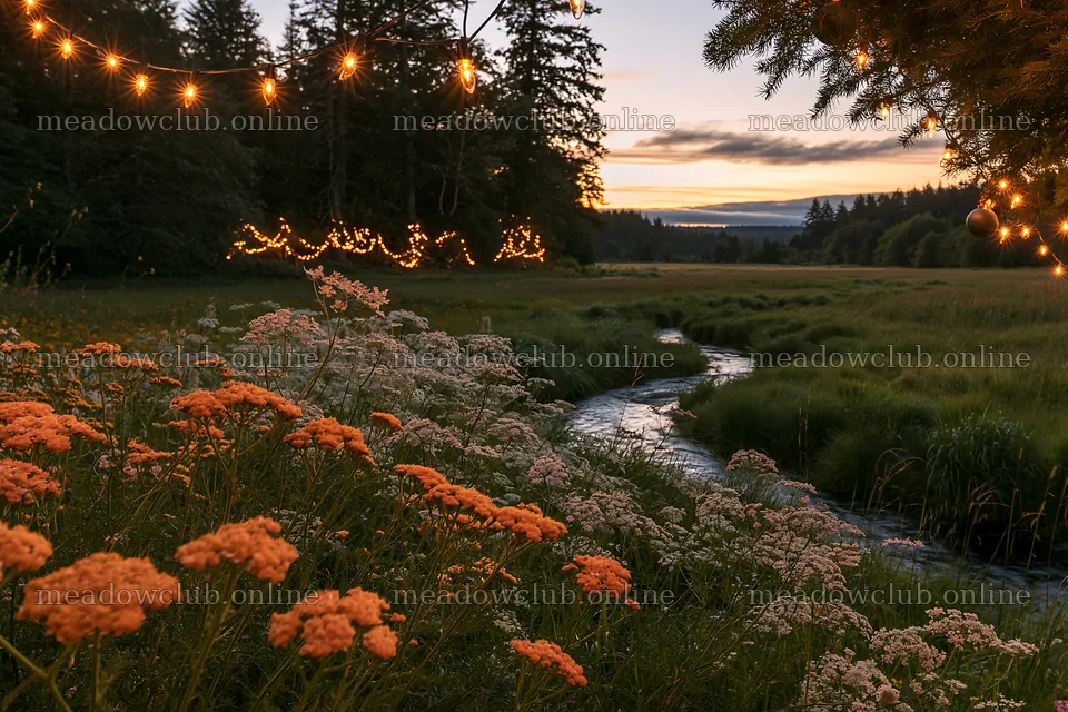 Christmas lights by stream at dusk in meadow – meadow photos 9722x6480