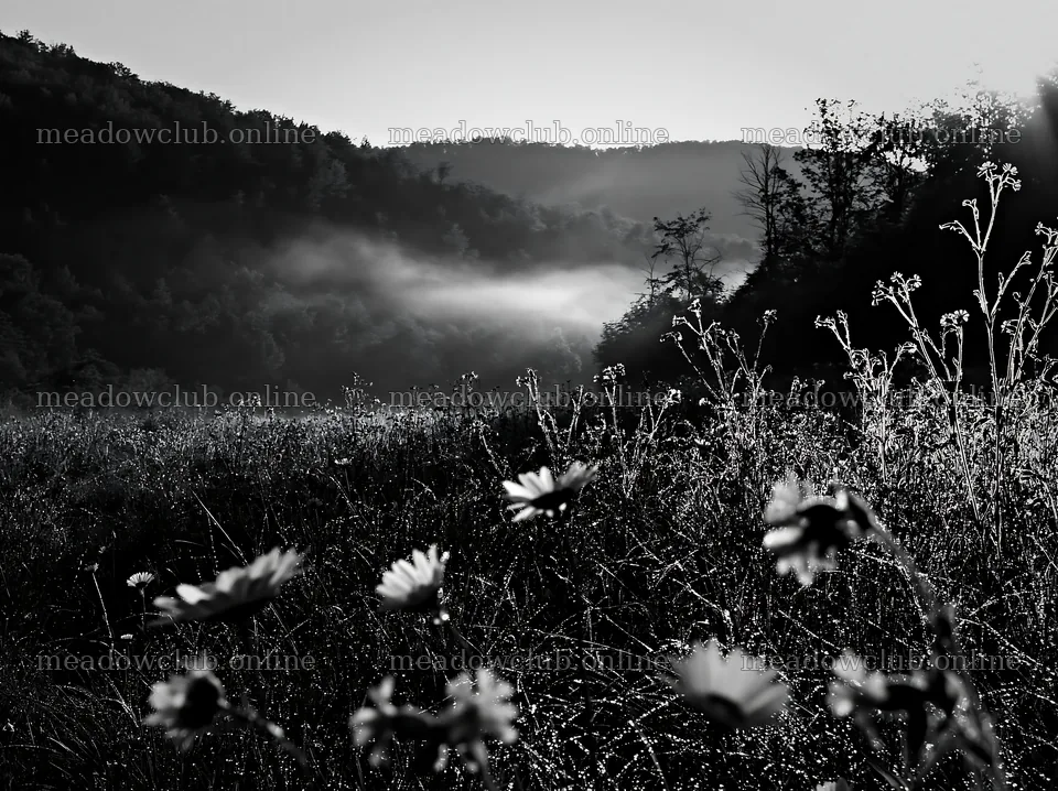 Hungarian meadow along wooded valley in black and white – meadow photos 9174x6866