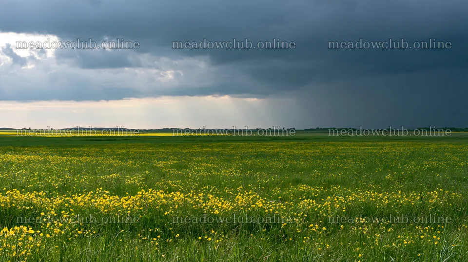 Colorful buttercup meadow under dark clouds in rural area – meadow photos 10608x5938