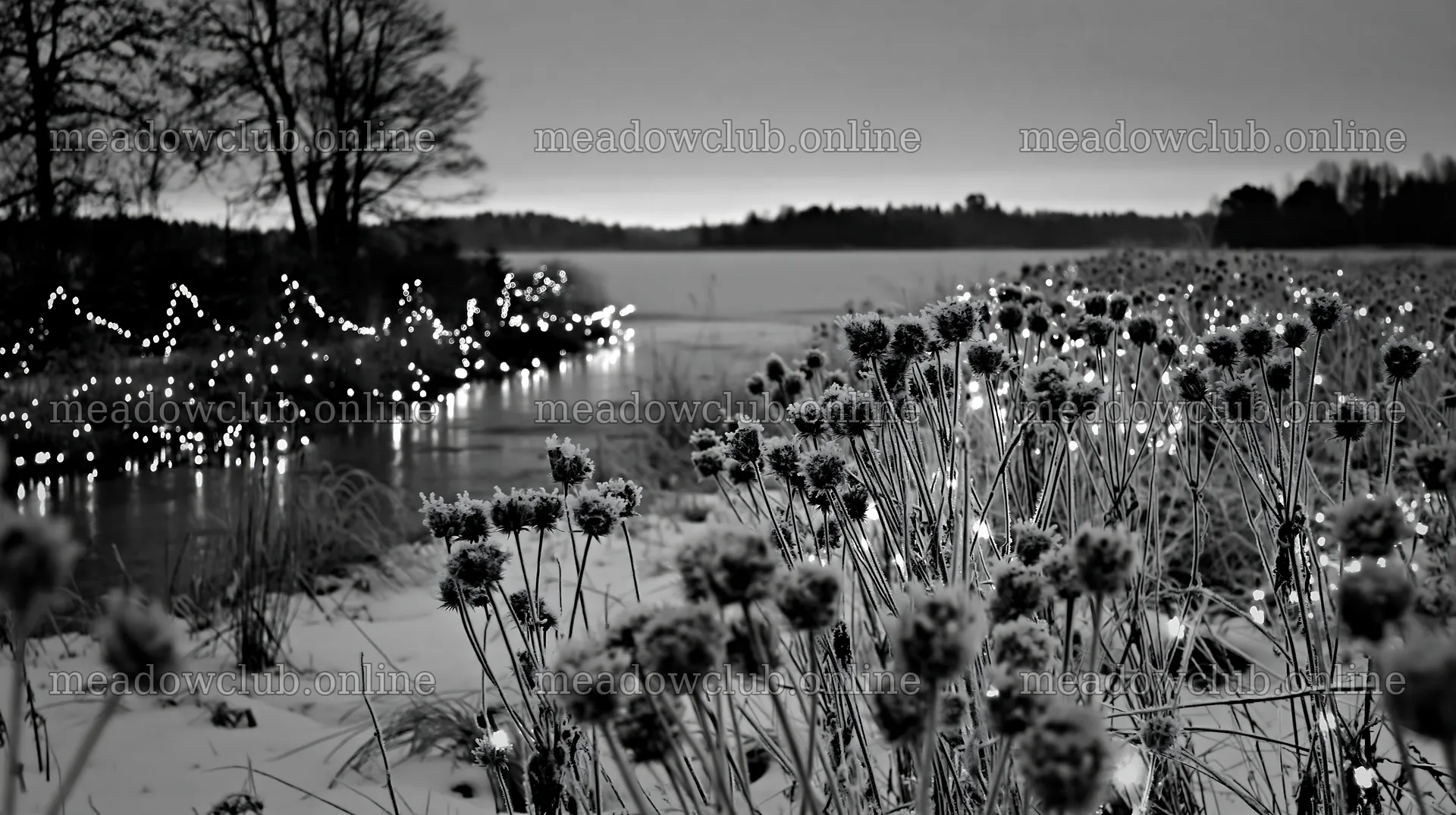 Winter landscape with frost seedheads and lanterns in meadow – meadow photos 10608x5938