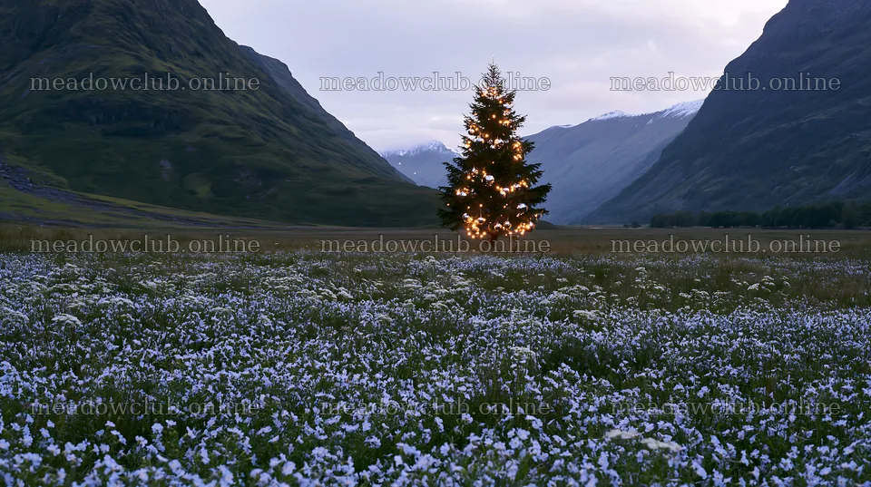 Christmas decorations in valley meadow with tree – meadow photos 10608x5938
