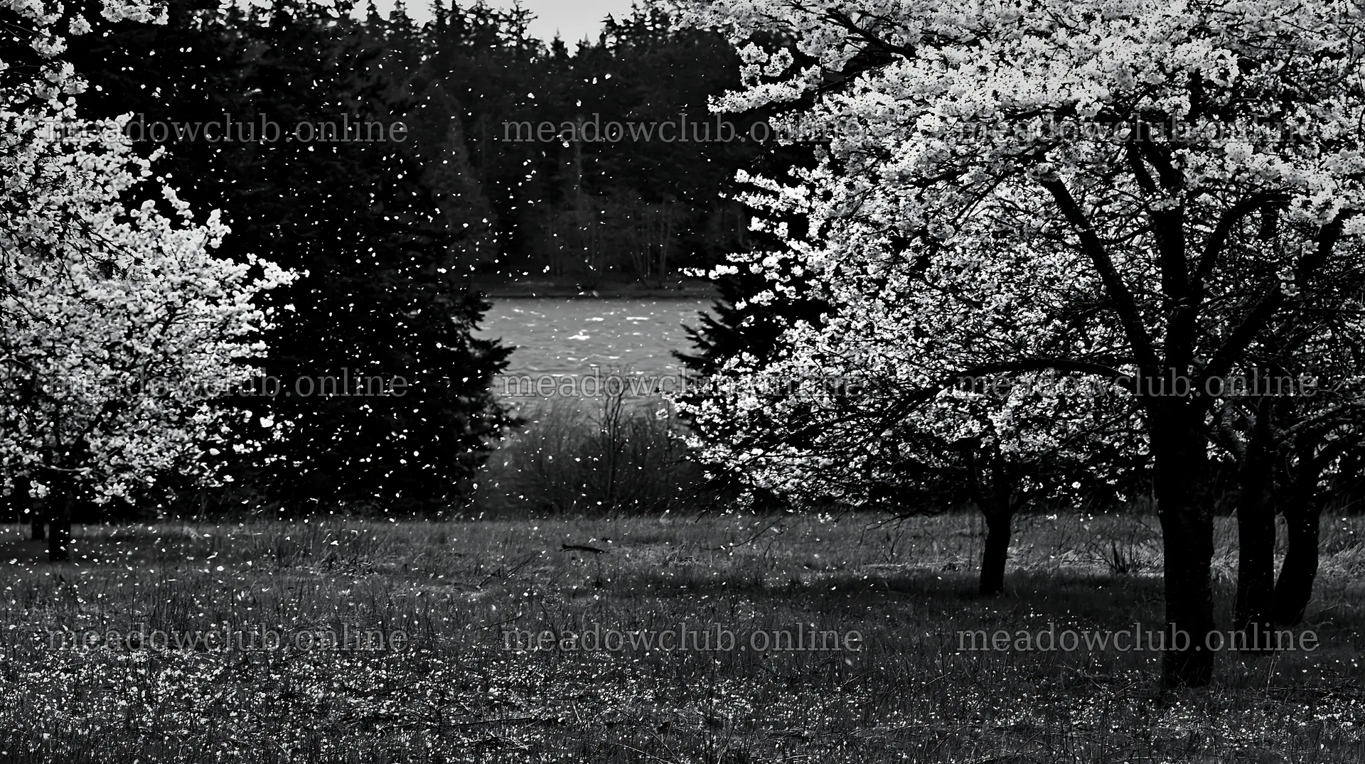 Lakeside orchard meadow in black and white with blooming trees – meadow photos 10608x5938