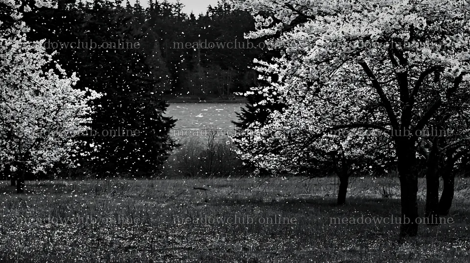 Lakeside orchard meadow in black and white with blooming trees – meadow photos 10608x5938