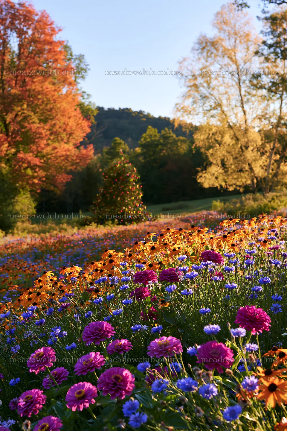 Christmas tree in meadow surrounded by colorful flowers – meadow photos 6480x9722