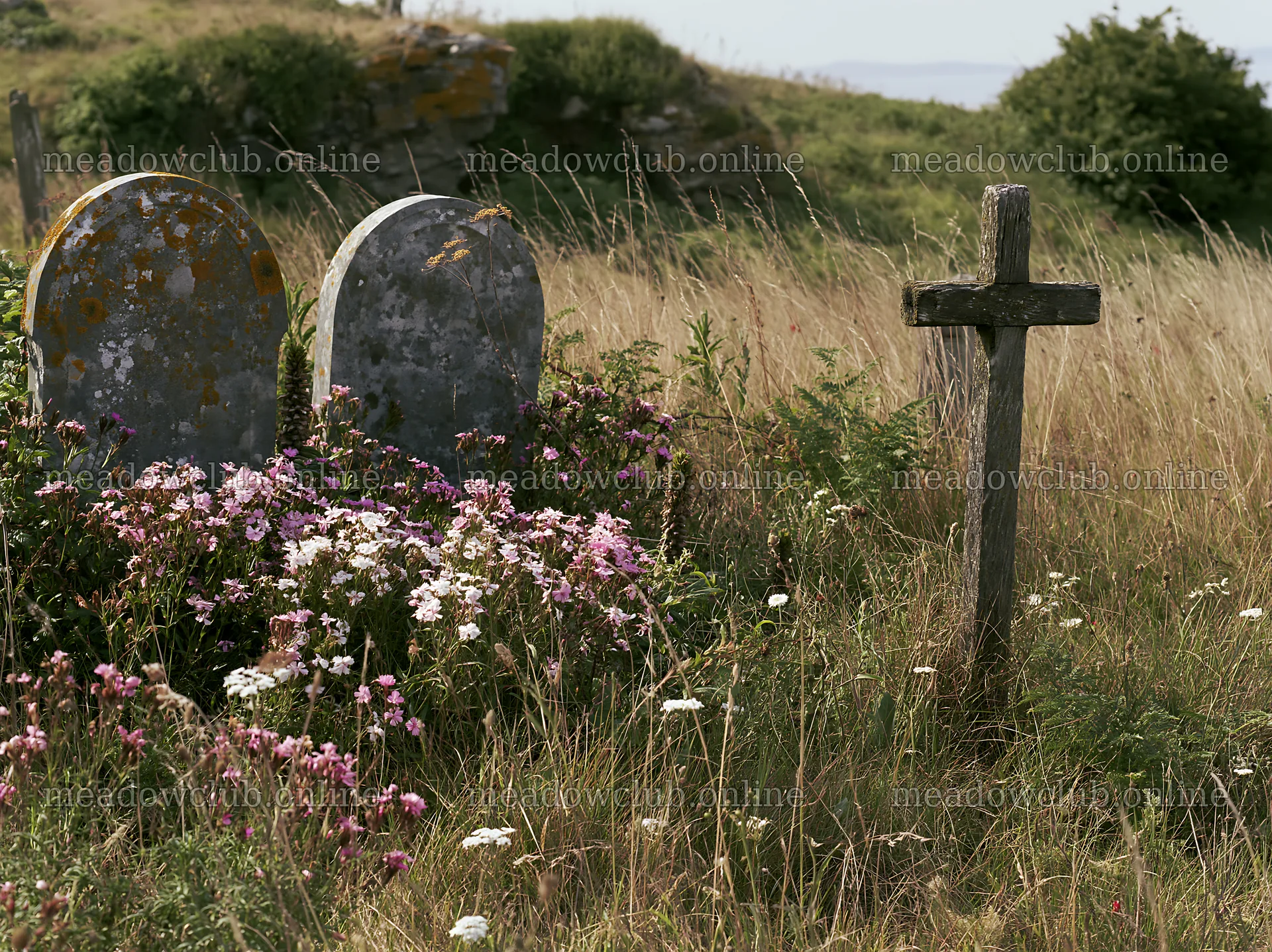 Christian cross and gravestones in a Christmas meadow – meadow photos 9174x6866