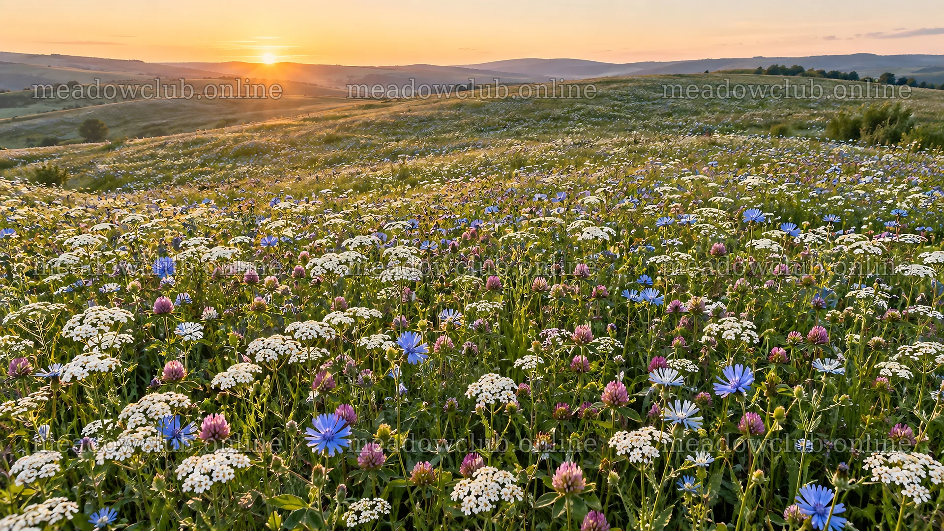 Wildflower Meadow Across Rolling Hills in Golden Light – meadow photos 10324x5812
