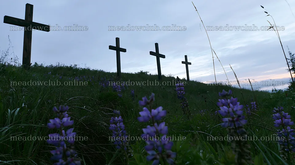 Christian crosses in rain soaked meadow with flowers – meadow photos 10608x5938