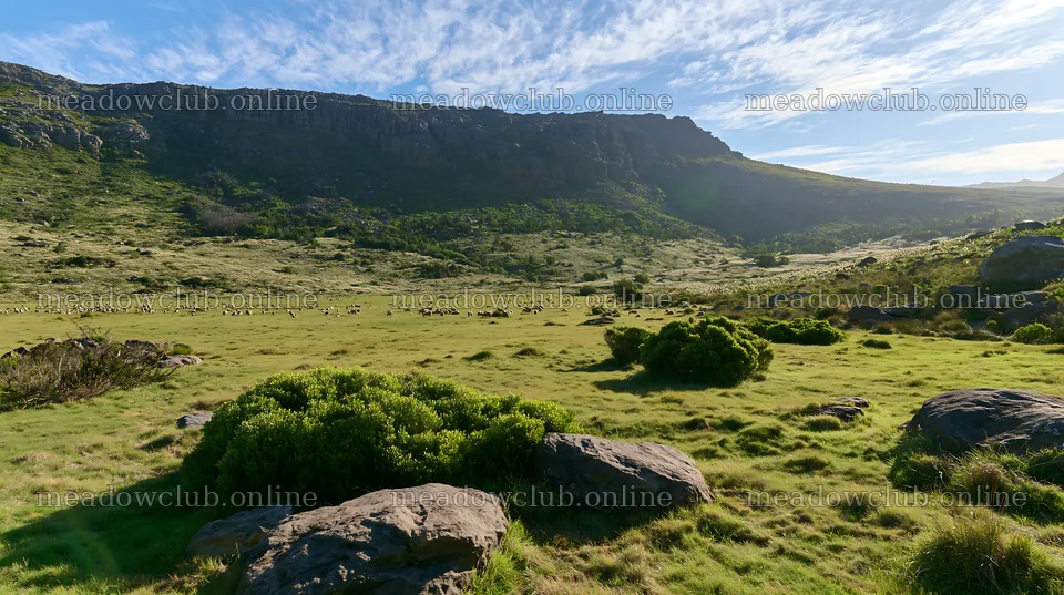 Biodiverse meadow with rocky outcrops under clear sky – meadow photos 10608x5938