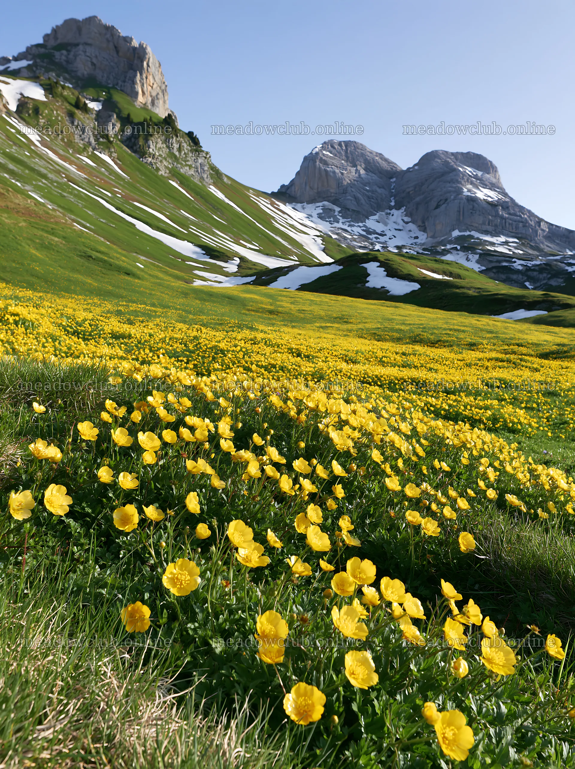 Swiss subalpine meadow with yellow flowers and mountains – meadow photos 6866x9174