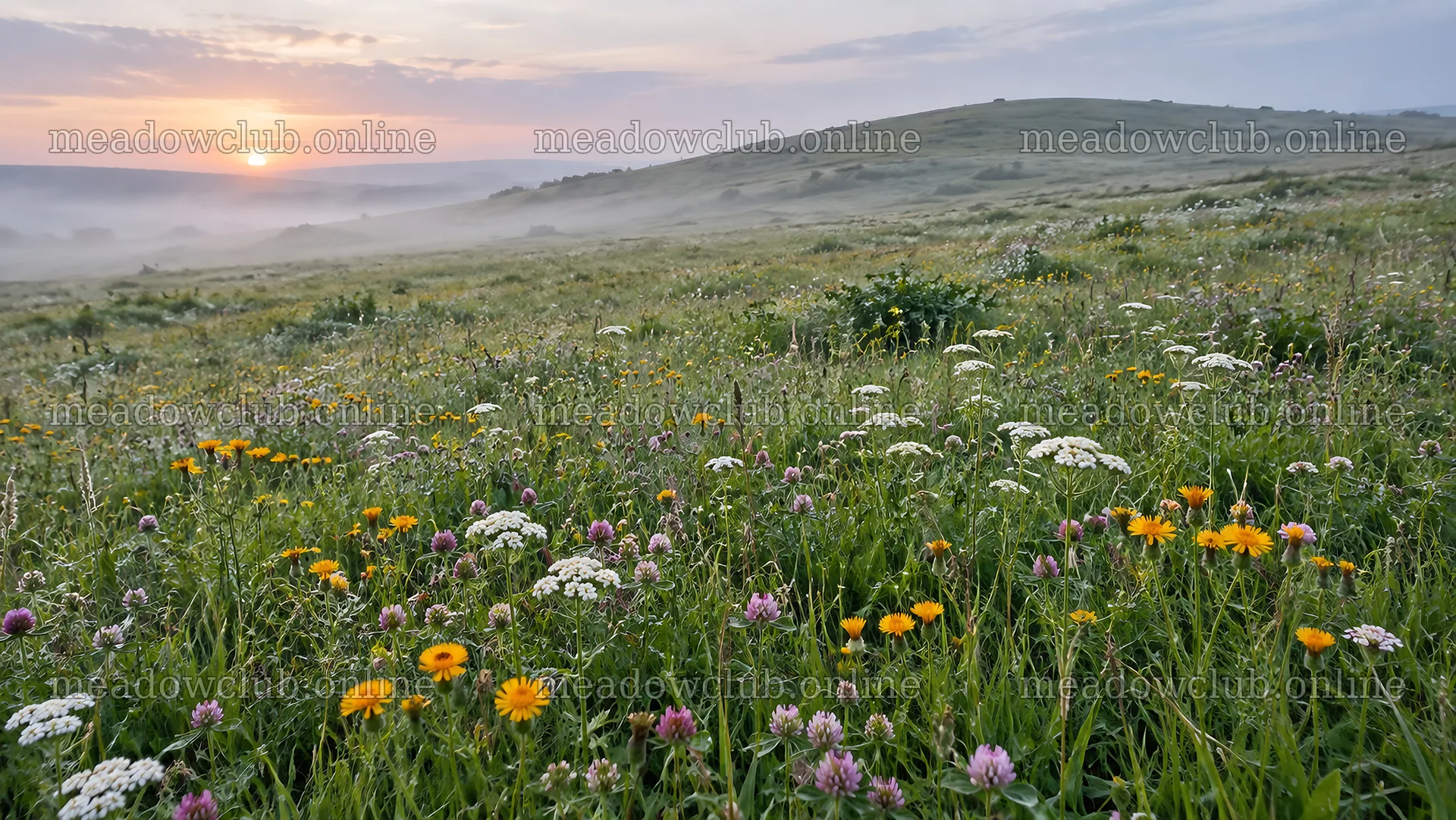 Wildflower Meadow in Morning Mist at Sunrise – meadow photos 10324x5812