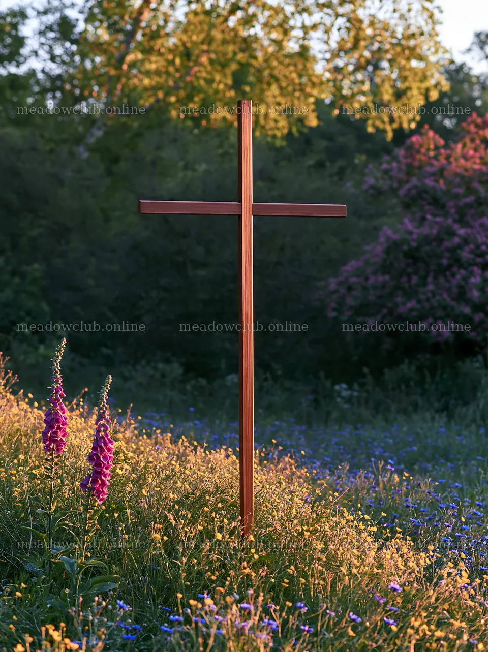Christian cross at sunrise in a meadow with flowers – meadow photos 6866x9174