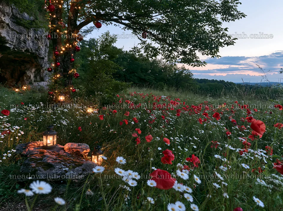 Christmas lanterns in meadow at dusk by cave – meadow photos 9174x6866
