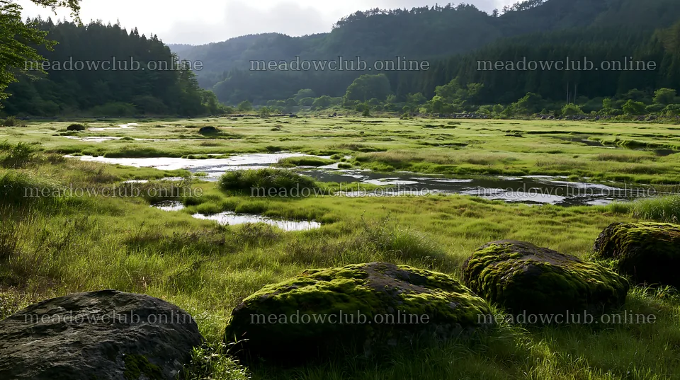 Miyagi spring recovery meadow with mossy stones – meadow photos 10608x5938